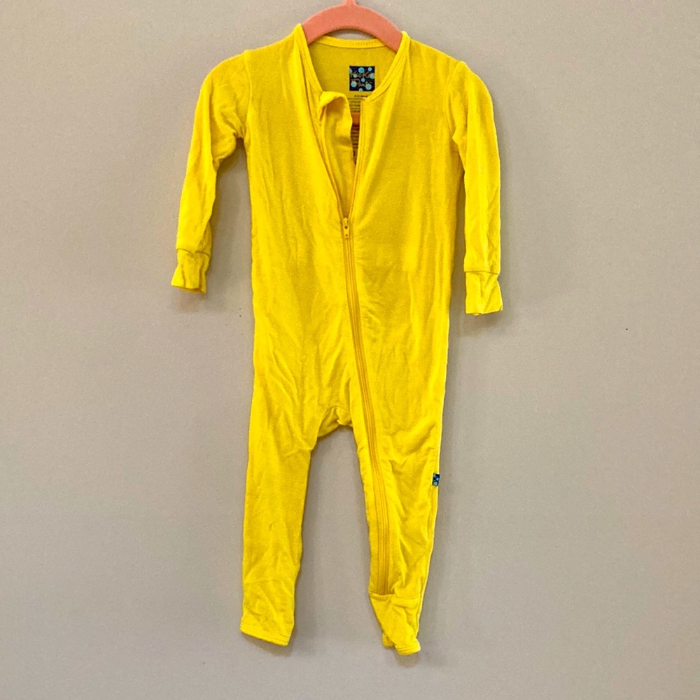 Kickee pants coverall in bright yellow. Size 9-12 months